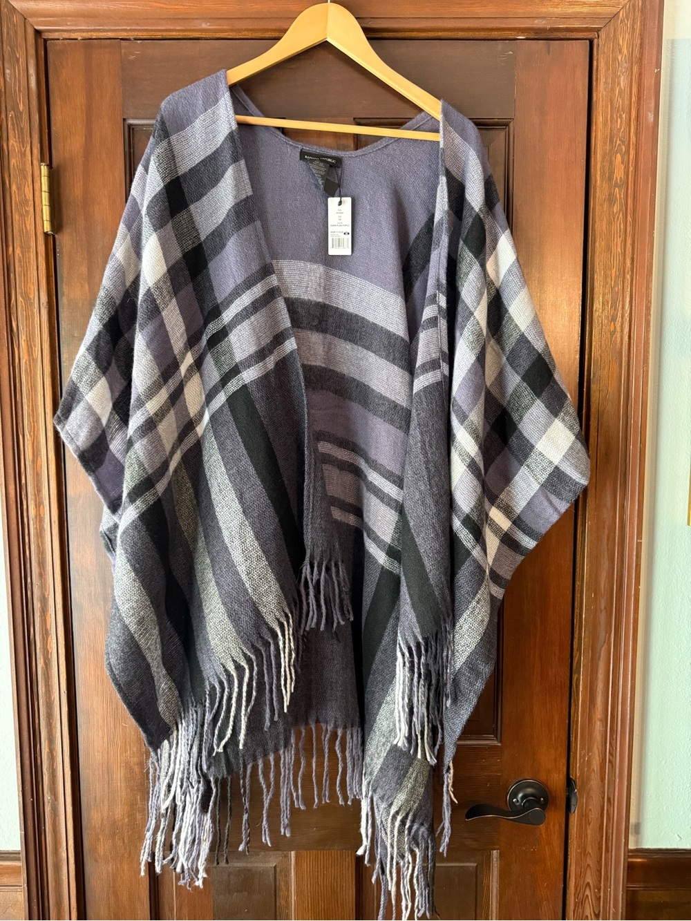 Banana Republic Karen Plaid Purple Fringe Poncho